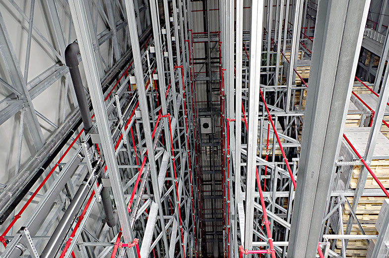 View from below into the high-bay warehouse