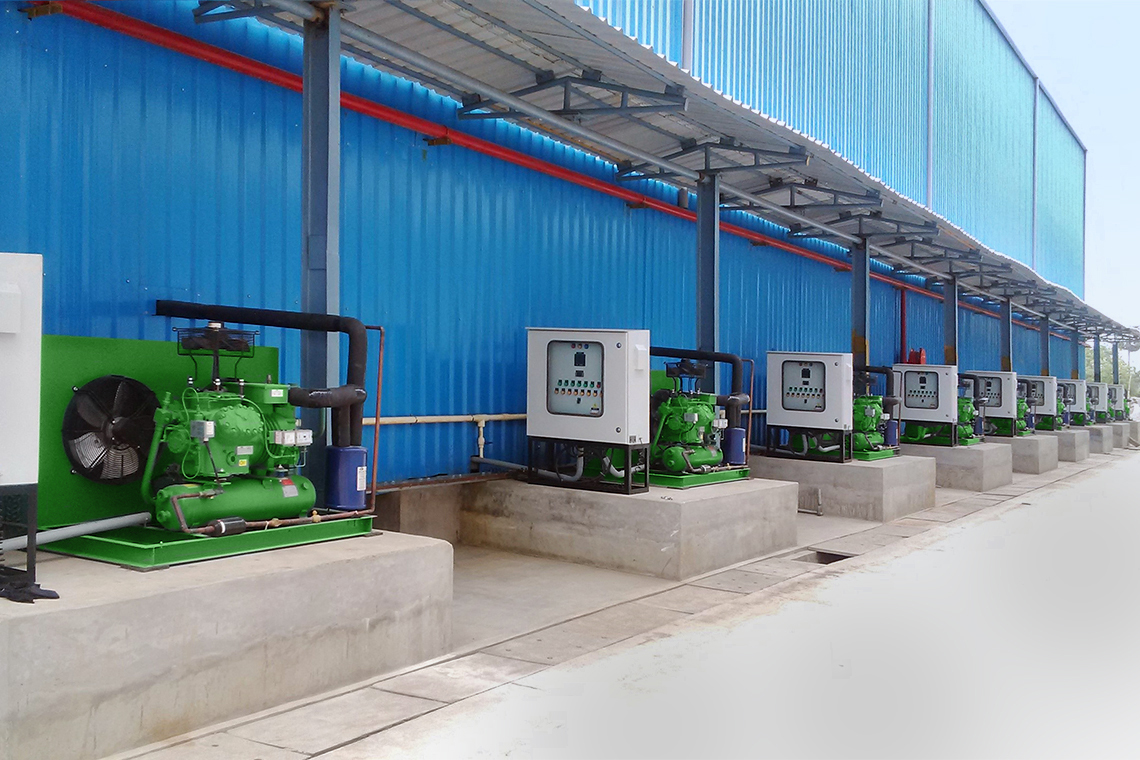 Nine BITZER condensing units outside of a food factory in Chennai, India