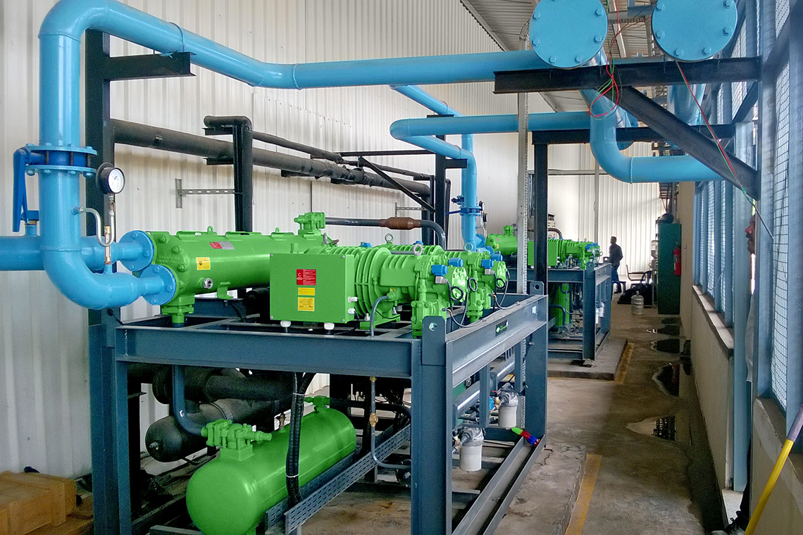 A BITZER HyperPac system stands in a hall in Indonesia